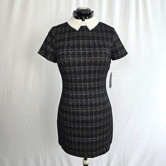 City Triangles Dresses & Skirts - City Triangles Tweed Dress Women's L Black Gold Geo Faux Pearl Collar Mini NWT